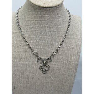 Vintage Rhinestone Necklace With Ornate Silver-Tone Pendant